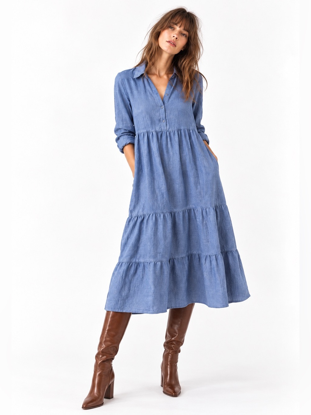 Max Studio London Blue Chambray Tiered Maxi Shirt Dress XS